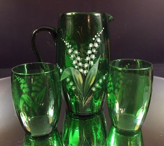 Victorian Water Set - - Art Glass - Hand - Painted Lily of the Valley - Lovely - BUY IT NOW 6