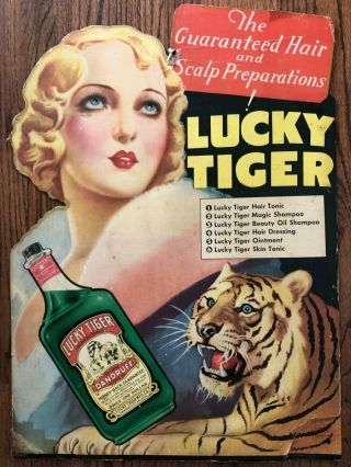 Vintage Antique 1920s Lucky Tiger Hair Tonic Barber Cardboard Advertising Sign