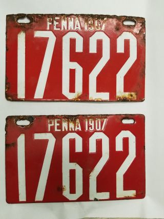 1907 Antique Porcelain Pennsylvania License Plate Matching Set