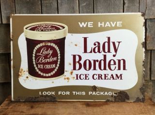 Vintage Lady Borden Ice Cream Parlor Metal Flange Advertising Sign Store Display