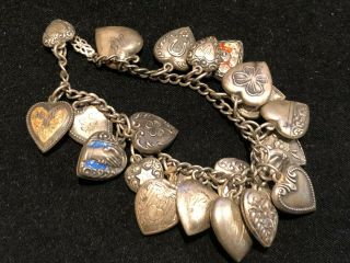 Victorian Antique Sterling Silver Hearts Charm Bracelet Unique Victorian