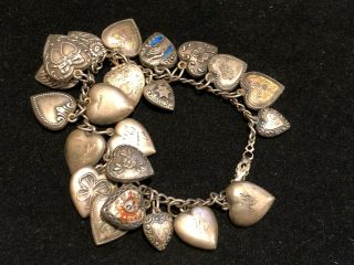 VICTORIAN Antique Sterling Silver Hearts Charm Bracelet UNIQUE VICTORIAN 9