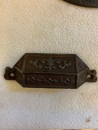 Antique Vintage Ornate Cast Iron Eastlake Drawer / Bin Pull Marked 1869