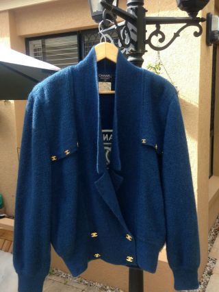 Chanel Vintage Blue Jacket/cardigan 100 Wool Size Fr38 - 42 Authentic Rare Vgc