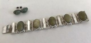 Vintage Mexico Silver Bracelet Carved Green Onyx & Earrings Spratling Era Chunky