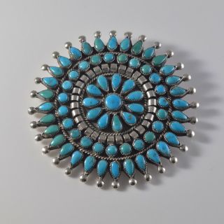 Large Vintage Zuni Sterling Silver And Turquoise Petit Point Cluster Pin/pendant