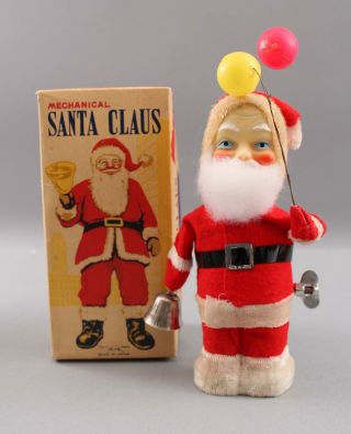 Vintage 1950s Wind - Up Santa Claus Bell & Balloons Alps Japan W/original Box