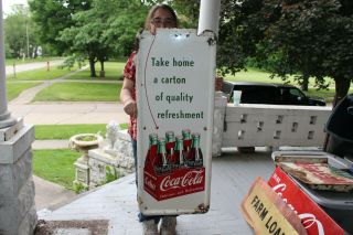 Large Vintage 1953 Coca Cola Soda Pop Bottle Carton Gas Station 41 " Metal Sign
