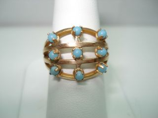 Vintage 14 Kt Gold Turquoise Ball Prong Set Triple Row Ring Size 6.  5