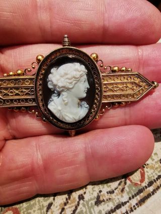 A Antique Hardstone Cameo Brooch In Etruscan Revival Style