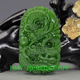 Chinese Natural Green Hetian Jasper Jade Hand - Carved Dragon Shape Pendant B28
