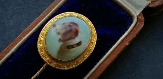 Antique 18ct English Victorian Enamel Porcelain Dog Stickpin/lapel & Box