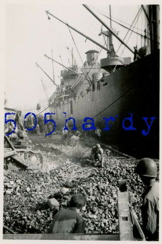 WWII US GI Photo - Caterpillar Bulldozer By Liberty Ship Unloading Supplies 2