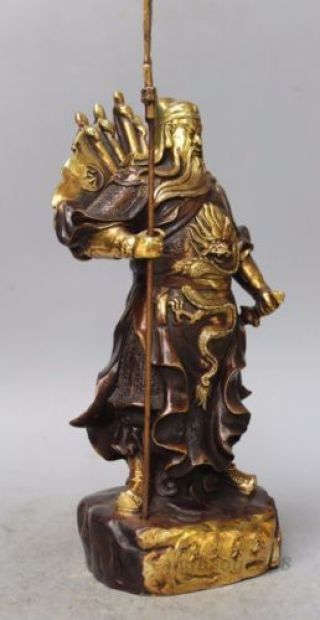 Chinese copper gilt Dragon Two Fingers Dragon Guan Gong Guan Yu Worrior Statue 3