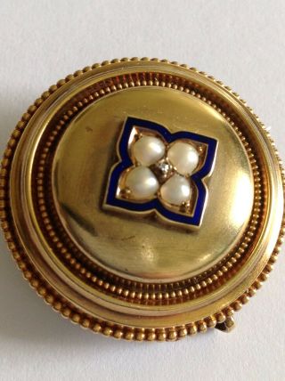 Fine Victorian 15ct Gold Circular Blue Enamel & Seed Pearl Set Target Brooch
