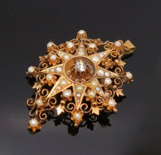 Antique 19c Rose Cut Diamond Seed Pearl 14k Gold Star Filigree Pendant Brooch