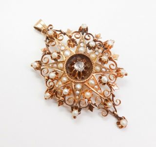 Antique 19c Rose Cut Diamond Seed Pearl 14K Gold Star Filigree Pendant Brooch 2