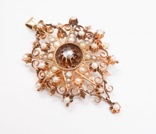 Antique 19c Rose Cut Diamond Seed Pearl 14K Gold Star Filigree Pendant Brooch 3