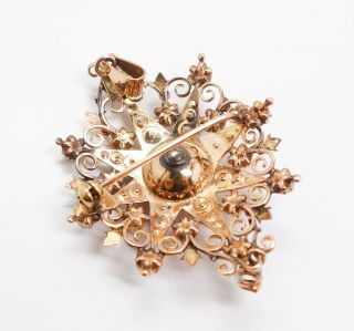Antique 19c Rose Cut Diamond Seed Pearl 14K Gold Star Filigree Pendant Brooch 4