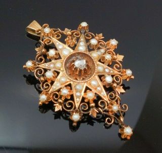 Antique 19c Rose Cut Diamond Seed Pearl 14K Gold Star Filigree Pendant Brooch 5