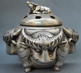 Collectable Handwork Miao Silver Carve Four Bull Auspicious Royal Incense Burner