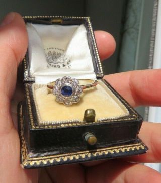 Antique 18ct Gold Blue Sapphire & 0.  20ct Old Cut Diamonds Daisy Ring Size L