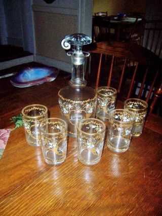 Antique 19th Cent Hand Enameled Whiskey Decanter With Glasses Set Wavy Glass