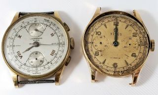 (2) Vintage 18k Chronograph Watches - Titus,  Chronographe Suisse - Parts/ Repair