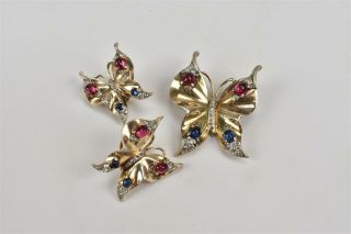 Vtg Crown Trifari Sterling Butterfly Brooch Earrings Cabochons Alfred Philippe