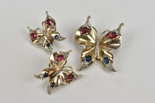 VTG Crown Trifari Sterling Butterfly Brooch Earrings Cabochons Alfred Philippe 2