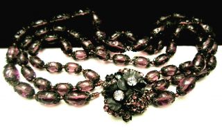 Rare Vintage Signed Miriam Haskell 16 " Purple Glass Rhinestone Necklace A21