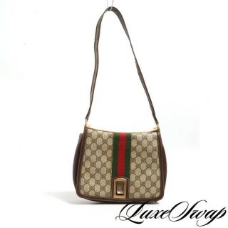 Rare Lnwot Vintage Gucci Monogram Canvas Web Stripe Leather Edge Shoulder Bag Nr