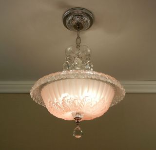 30s Vintage Chandelier Antique Art Deco Pink Glass Chrome Ceiling Light Fixture 2