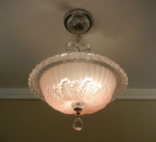 30s Vintage Chandelier Antique Art Deco Pink Glass Chrome Ceiling Light Fixture 3