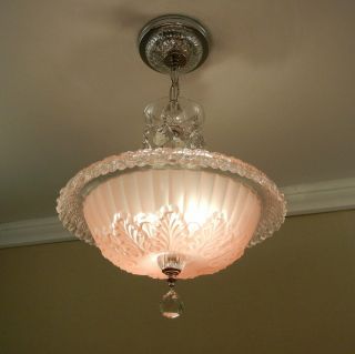 30s Vintage Chandelier Antique Art Deco Pink Glass Chrome Ceiling Light Fixture 4