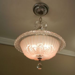 30s Vintage Chandelier Antique Art Deco Pink Glass Chrome Ceiling Light Fixture 5
