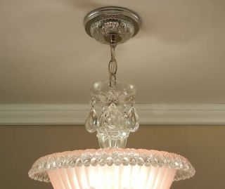 30s Vintage Chandelier Antique Art Deco Pink Glass Chrome Ceiling Light Fixture 6