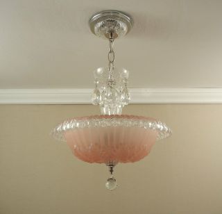 30s Vintage Chandelier Antique Art Deco Pink Glass Chrome Ceiling Light Fixture 8