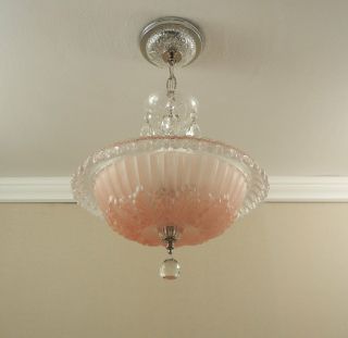 30s Vintage Chandelier Antique Art Deco Pink Glass Chrome Ceiling Light Fixture 9