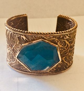 Stephen Dweck Antiqued Bronze Carved Cuff With Dyed Blue Agate Doblet