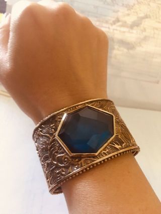 STEPHEN DWECK Antiqued Bronze Carved Cuff With Dyed Blue Agate Doblet 2