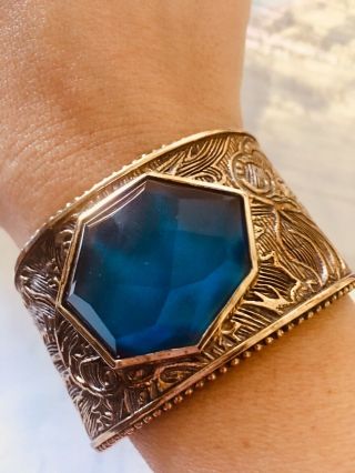 STEPHEN DWECK Antiqued Bronze Carved Cuff With Dyed Blue Agate Doblet 3