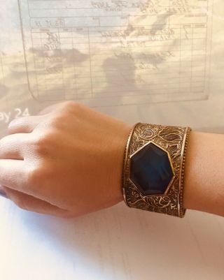 STEPHEN DWECK Antiqued Bronze Carved Cuff With Dyed Blue Agate Doblet 7