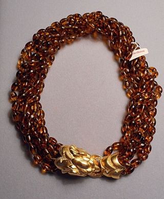 Vintage Donald Stannard 7 Strand Faux Topaz Bead Necklace W/ Golden Lion Clasp