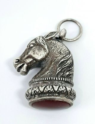 Rare Antique Victorian Sterling Silver Knights Chess Horse Head Carnelian Fob