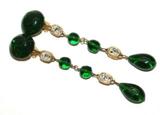 Vintage Chanel 23 Green Gripoix Glass Rhinestone Dangle Chandelier Clip Earrings