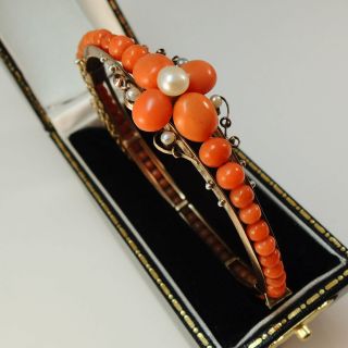 Coral Bead Seed Pearl Bangle / Bracelet Vintage Antique Victorian