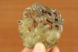 Old Jade Hand Carving Belle Girl Mermaid Dragon Statue Netsuke Pendant