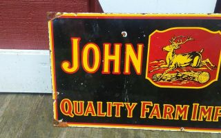 Vintage JOHN DEERE QUALITY FARM IMPLEMENTS porcelain sign farm gas oil Dealer 2