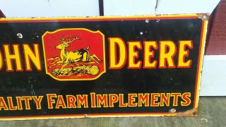 Vintage JOHN DEERE QUALITY FARM IMPLEMENTS porcelain sign farm gas oil Dealer 3